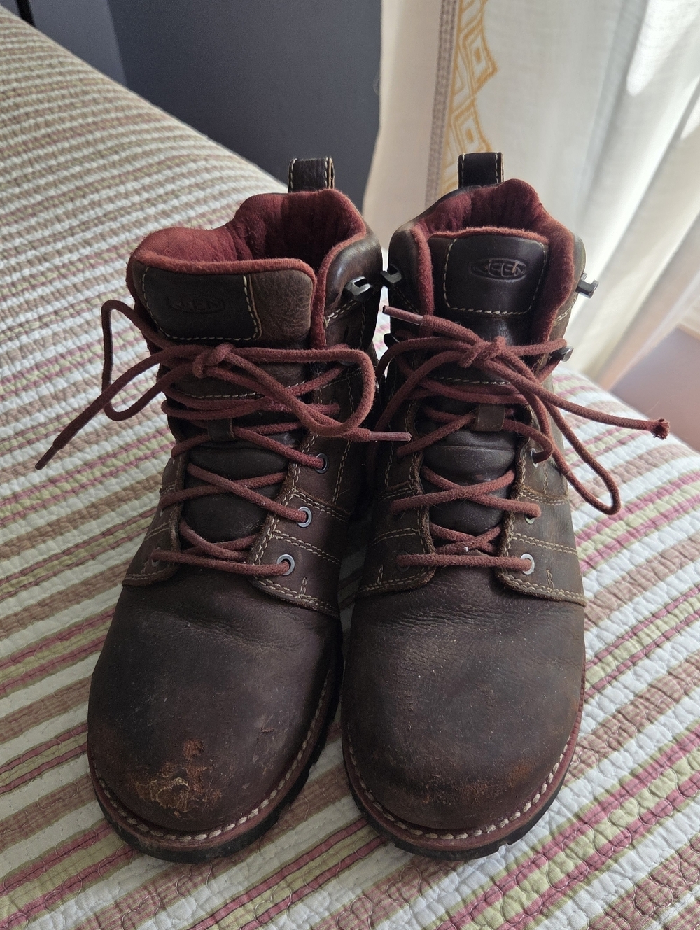 Keen Dark Brown Lace-Up Leather Work Boots with Maroon Lining Alloy Toe
